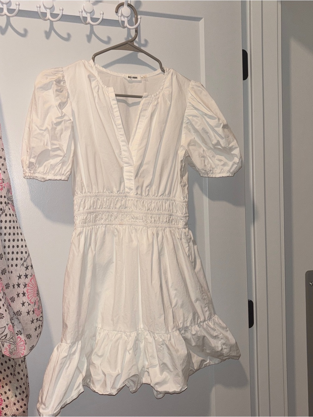 White Puff Sleeve Smocked Waist Dress - Brand: Day + Moon